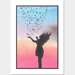 Girl in Pastel Sky Posters and Art